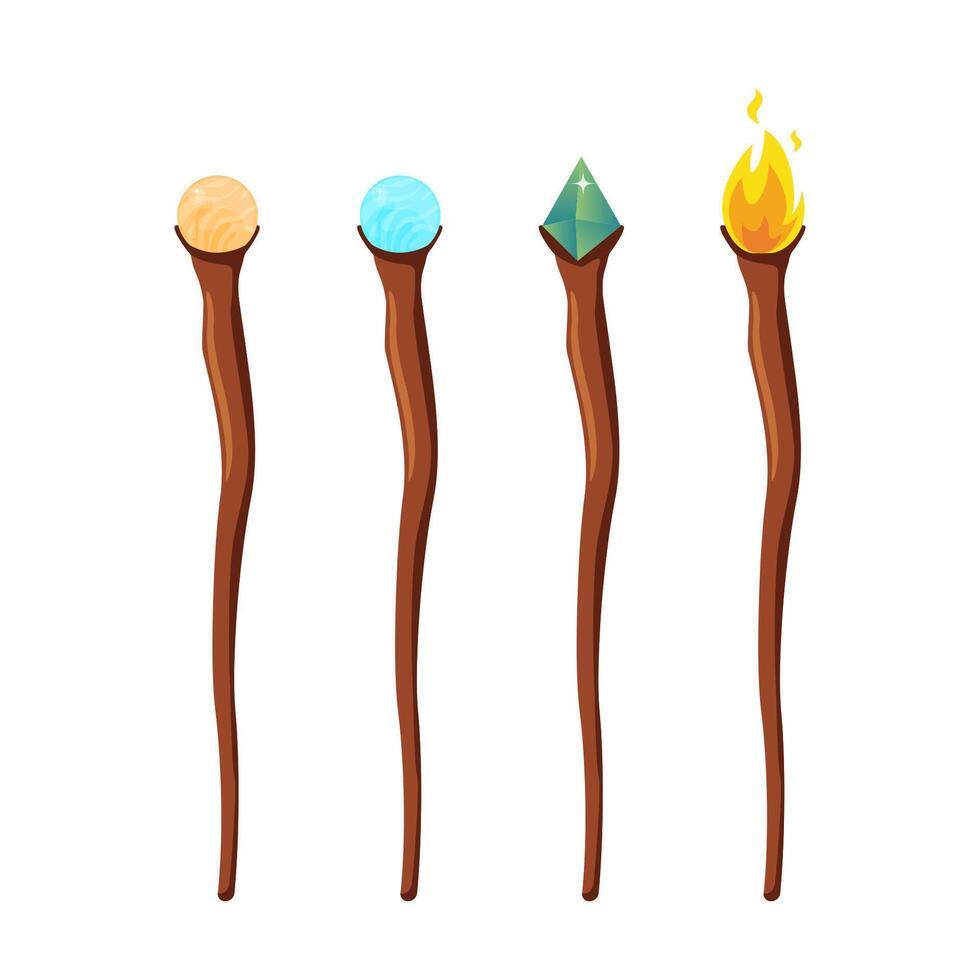 Set of magic staff, walk sticks or wands with glow gems, frozen ice crystal and flame. Magician weapon rods. illustration. vector