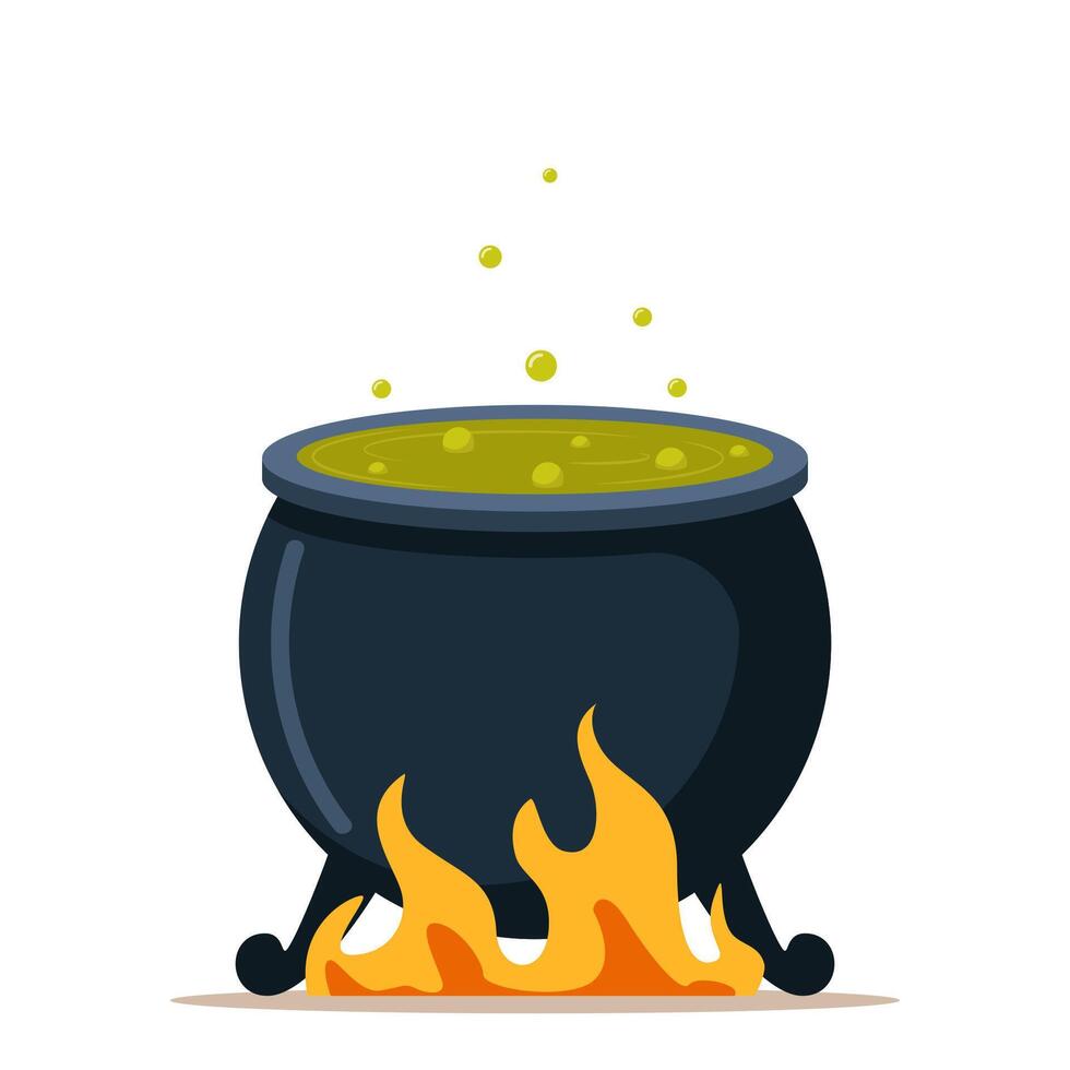 Witch cauldron with green bubbling potion over a burning firewood. Magic potion. illustration. vector