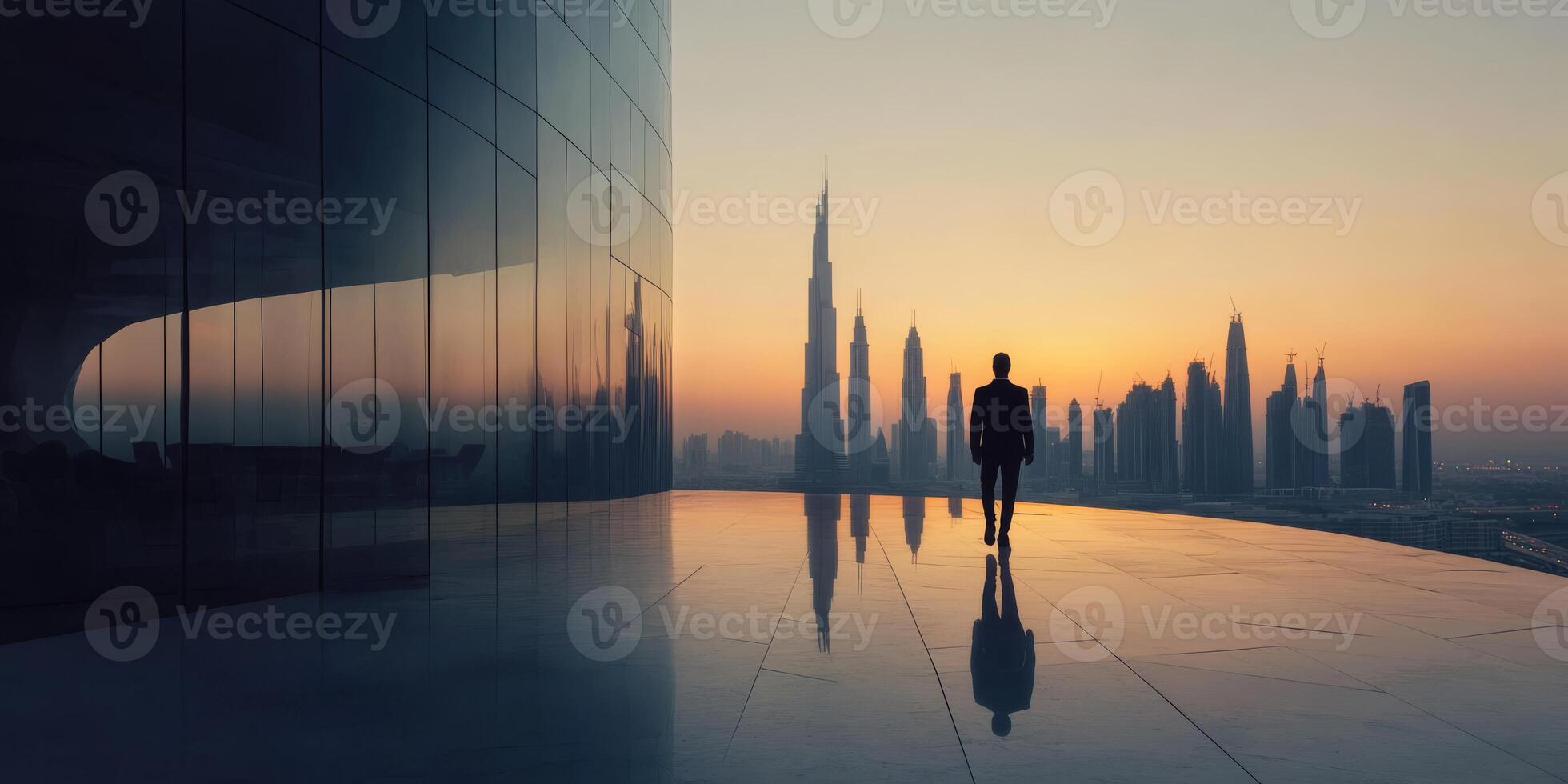 A businessman stands confidently near a sleek glass building, overlooking a stunning and vibrant city skyline that is filled with impressive futuristic skyscrapers during a beautiful sunset photo