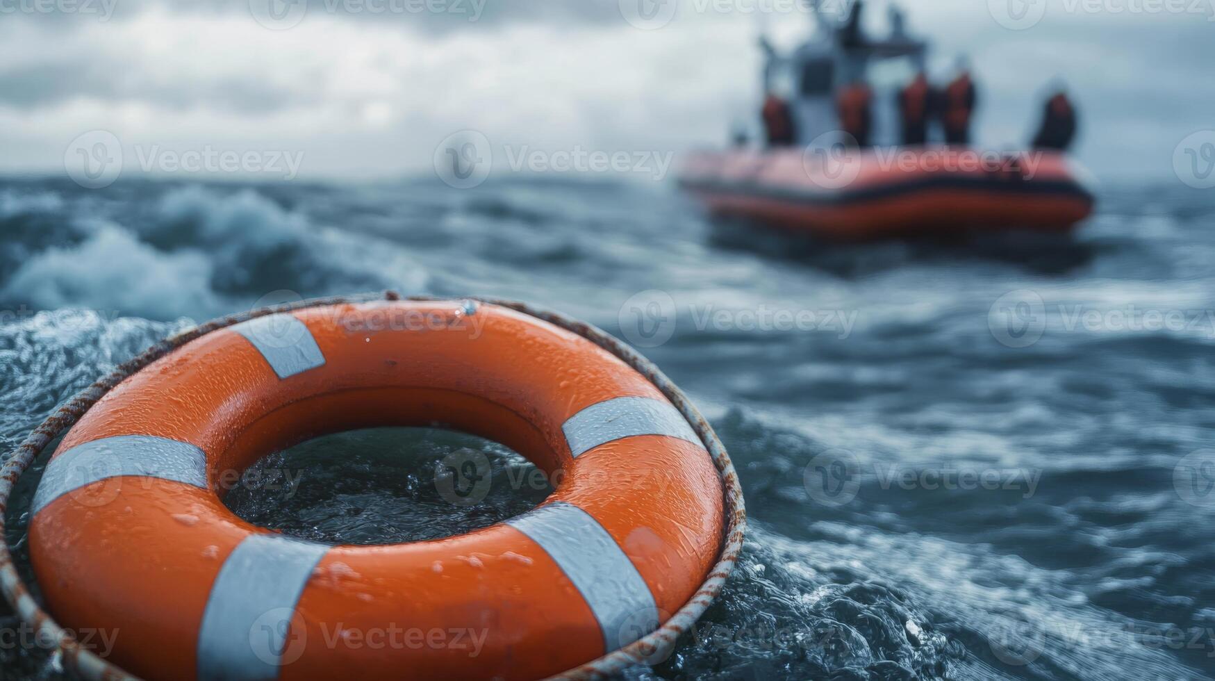 A bright life ring floats in turbulent waters, symbolizing hope during rescues. A boat in the background emphasizes urgent responses to distress, highlighting safety in maritime adventures photo