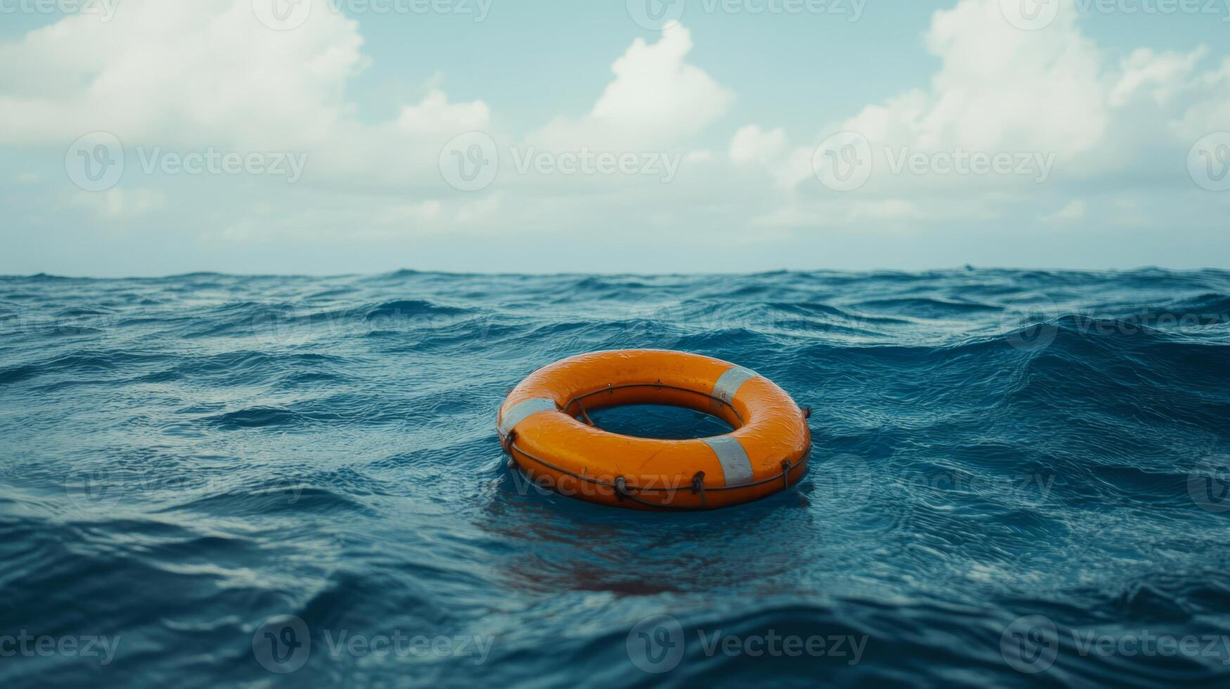 An orange life ring floats in the ocean, symbolizing hope and safety, representing rescue operations and contrasting calm waters with maritime emergencies, emphasizing preparedness and vigilance photo