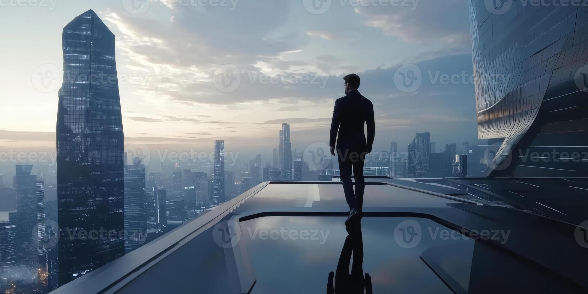 A confident businessman stands on a rooftop, gazing at a stunning futuristic skyline of sleek skyscrapers and a captivating sky, embodying the essence of modern business and technology photo