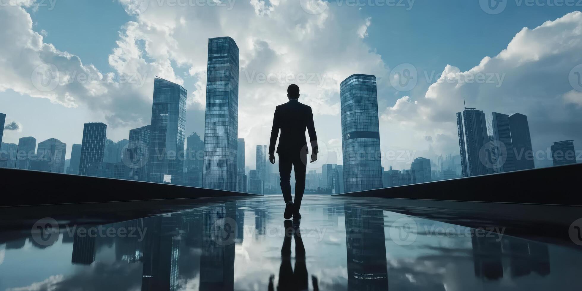 A determined businessman stands confidently against a striking futuristic city skyline, evoking a sense of ambition, cuttingedge technology, and the vast potential of modern urban life as we know it photo