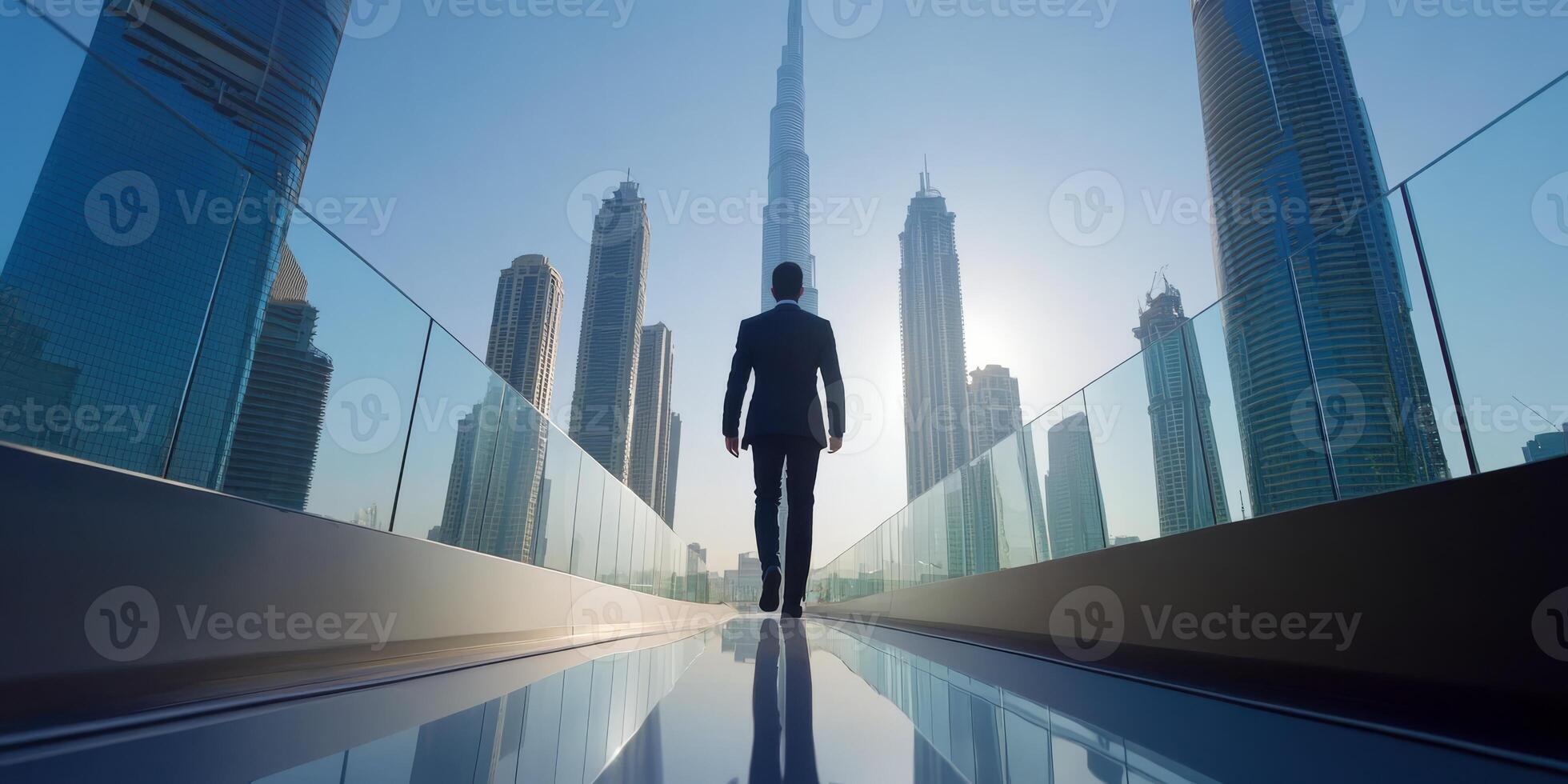 A successful businessman stands among skyscrapers, symbolizing urban life, ambition, and technology, while promoting a brighter future for collective growth and prosperity for all communities photo