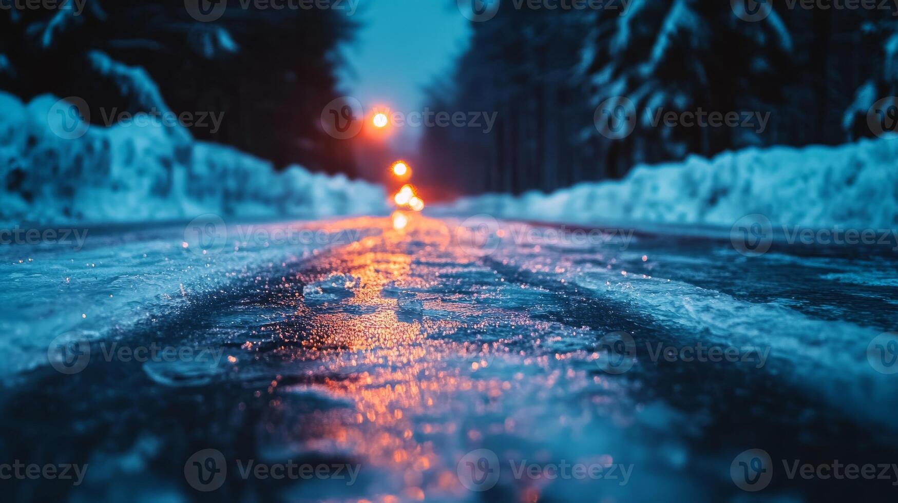 This captivating image shows a closeup of a slippery, frozen ice road at night, with shimmering light reflecting off the snow, highlighting the beauty and dangers of winter conditions photo