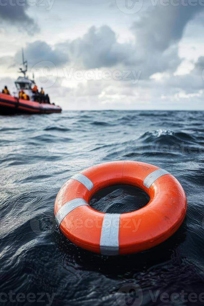 A vivid and striking image depicting a life ring gracefully floating in the vast ocean, symbolizing hope, safety, and potential rescue during a maritime emergency or crisis situation photo