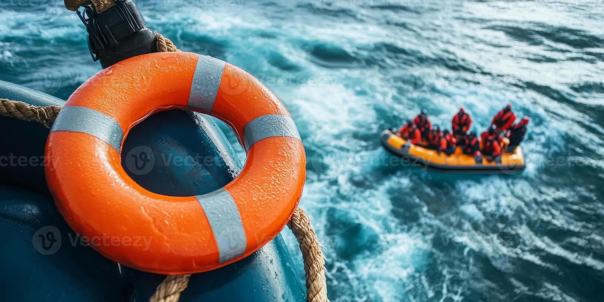 In a dramatic sea rescue operation, a brightly colored life ring prominently stands out against the vast waters, underlining the critical importance of ensuring maritime safety for everyone involved photo