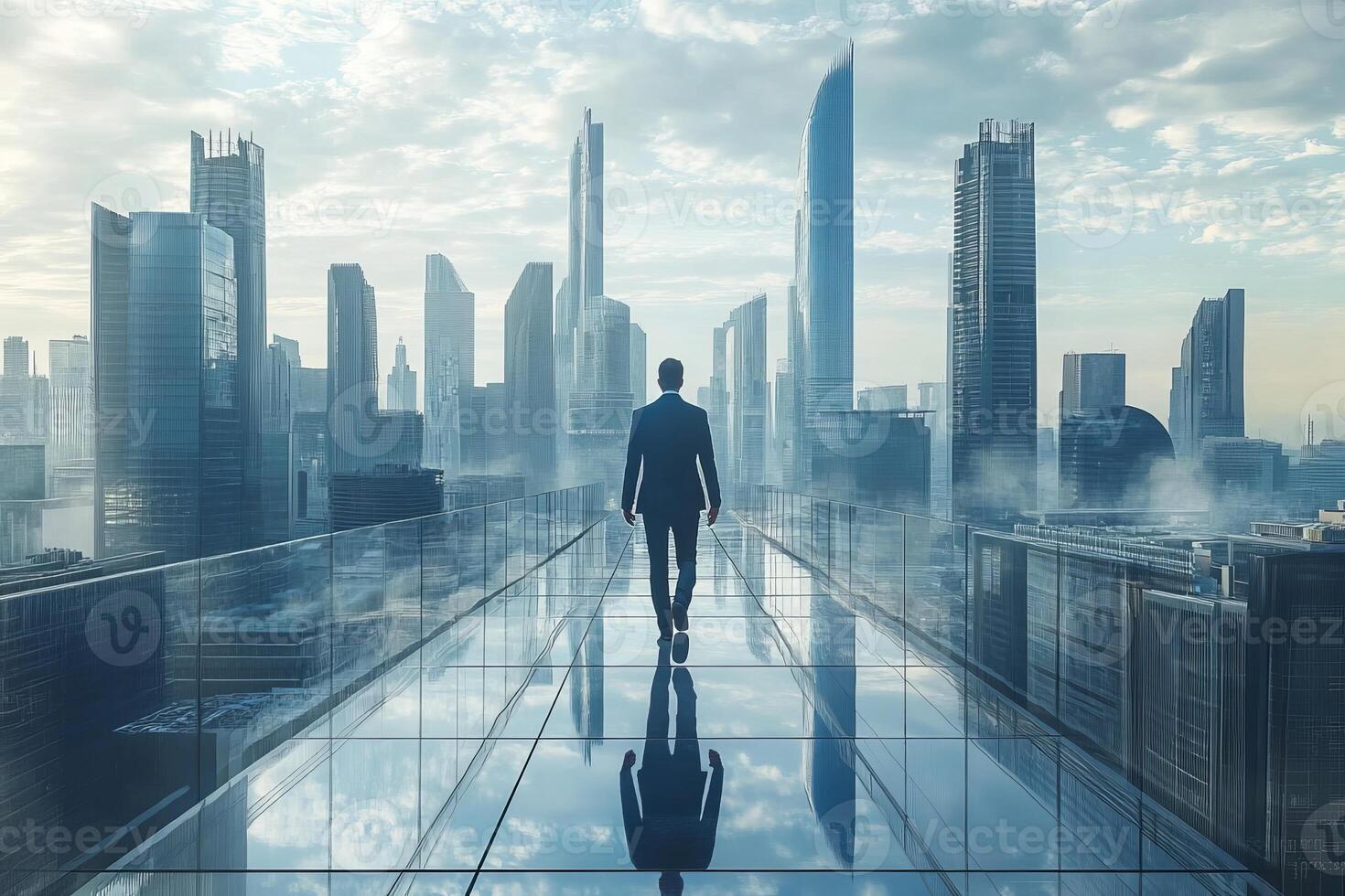 In a bustling futuristic city, a successful businessman stands confidently, showcasing the blend of advanced technology and urban life against stunningly tall skyscrapers that define the skyline photo