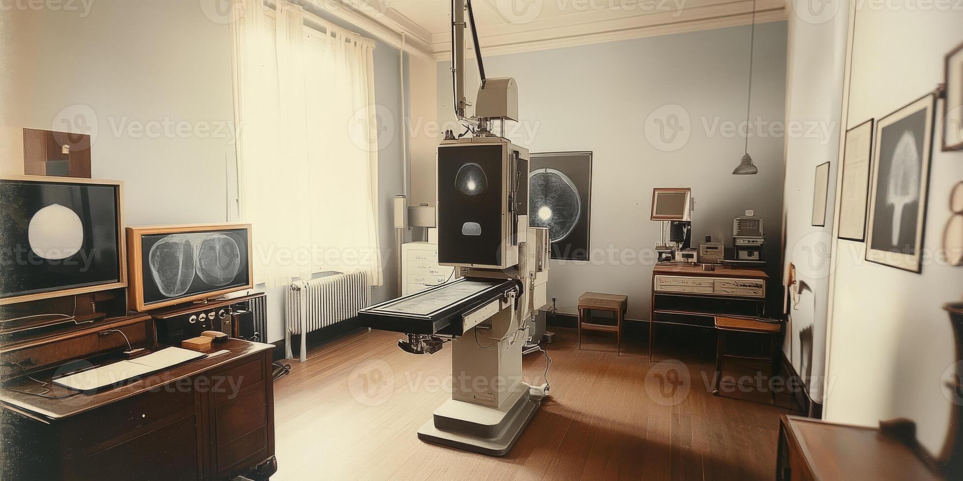Explore a vintage radiology room with 1920s Xray machines, highlighting the evolution and historical significance of medical imaging technology and healthcare practices over the decades photo
