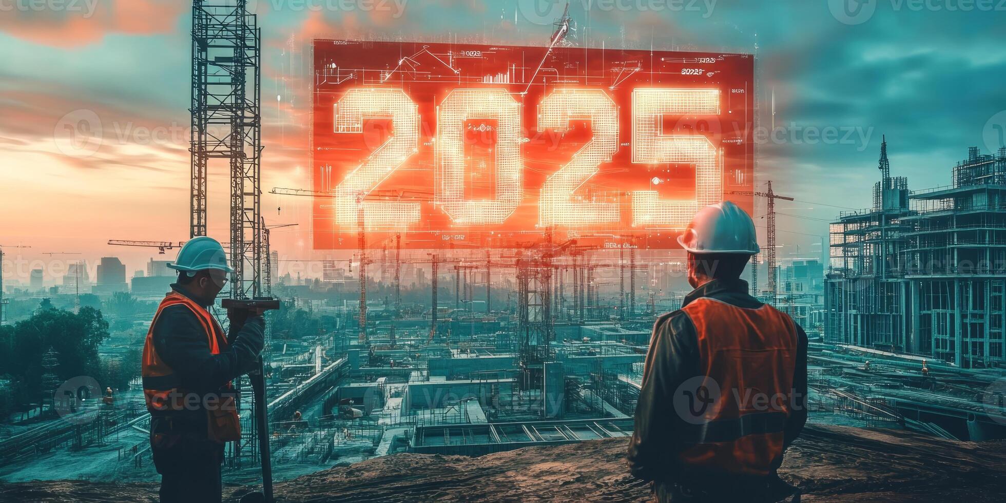In 2025, construction workers are managing key infrastructure projects against a colorful sunset, highlighting their hard work, progress, and determination to succeed in every task photo