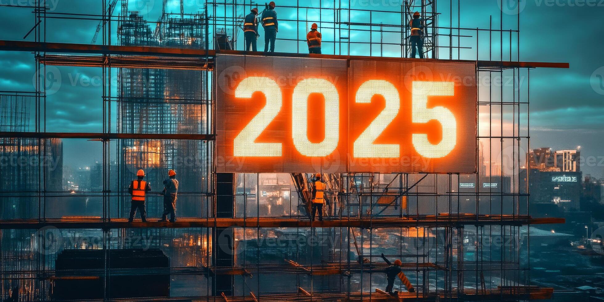 Construction workers join forces as the sun sets in order to put the finishing touches on vital infrastructure projects, showcasing their shared commitment to progress and a promising future in 2025 photo