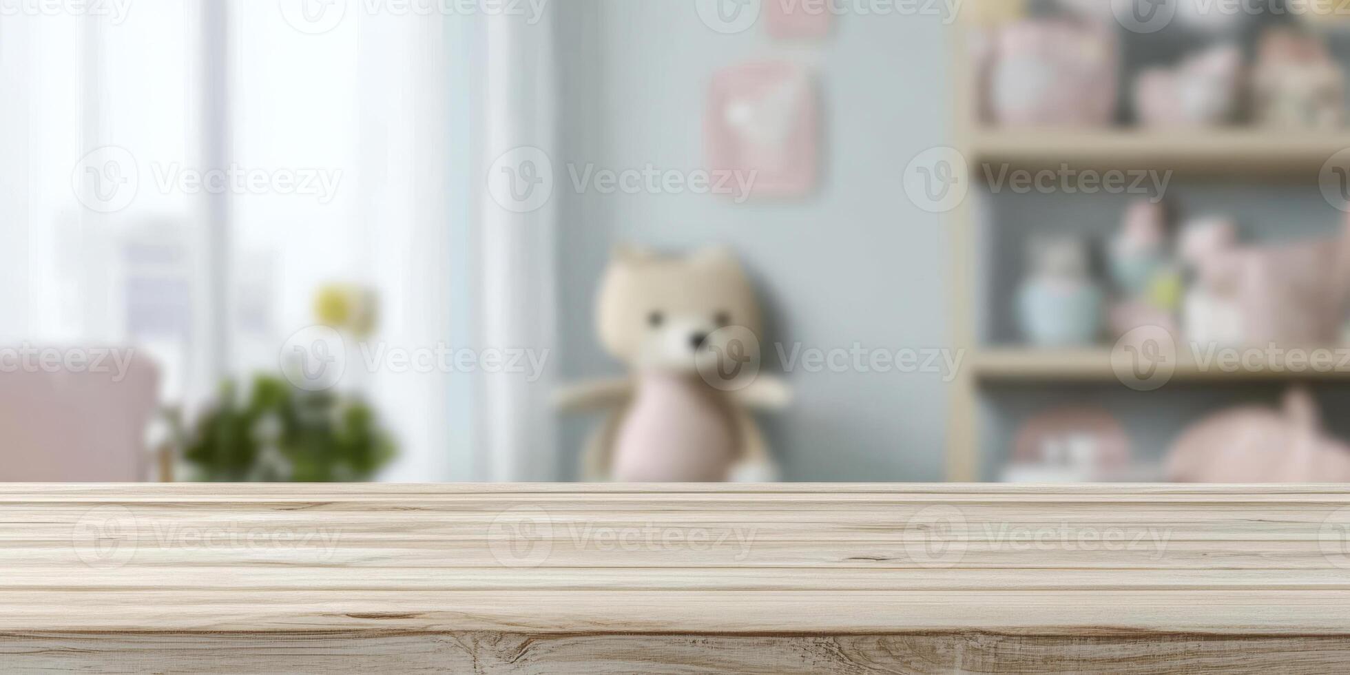 A beautifully crafted wooden tabletop serves as a focal point, set against a softly blurry background of a charming baby room, creating a stylish space to display various products photo