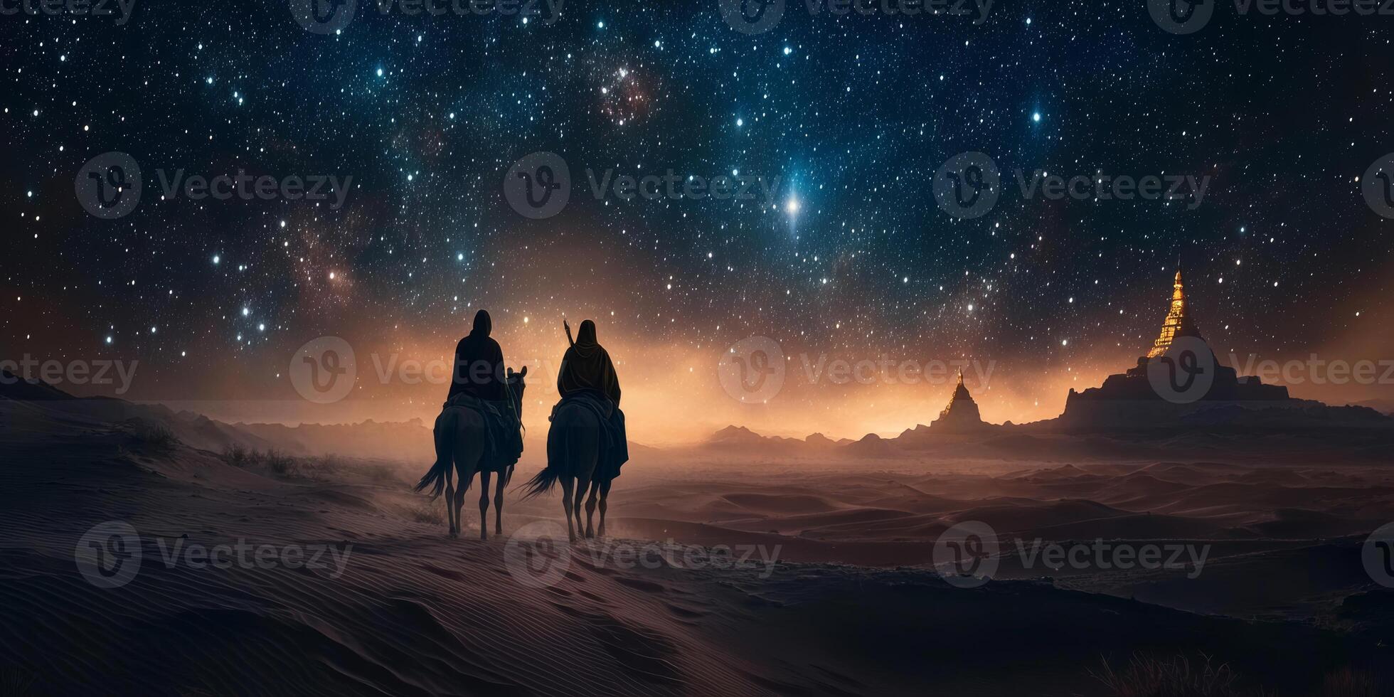 Two mysterious figures embark on an epic adventure through an endless desert under a starlit sky filled with galaxies, creating a captivating and unforgettable atmosphere with each step photo