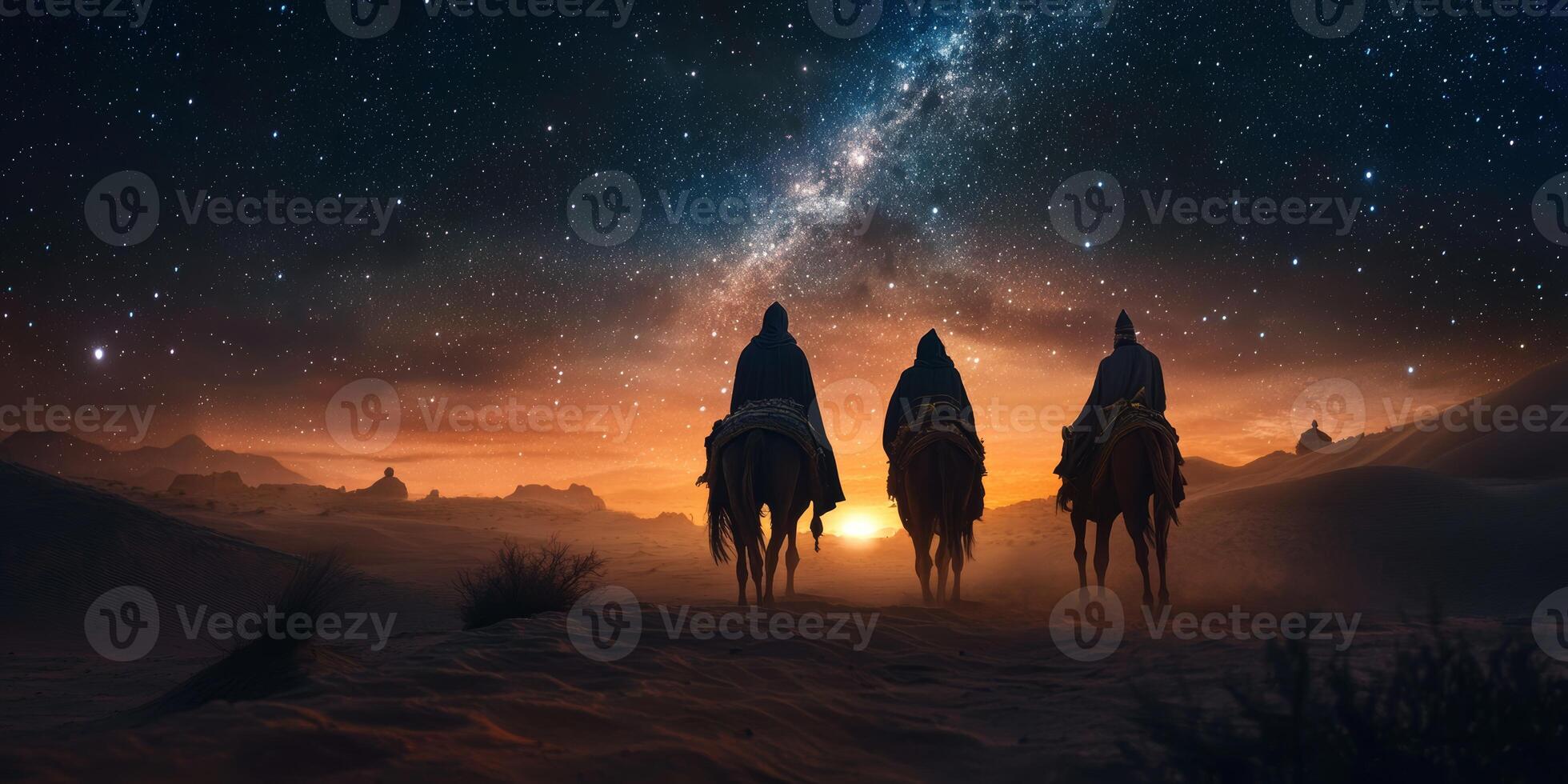 The wise Magi embark on a transformative journey across a desolate desert, silhouetted against a starlit sky, symbolizing their adventurous spirit and dedication to their sacred quest photo