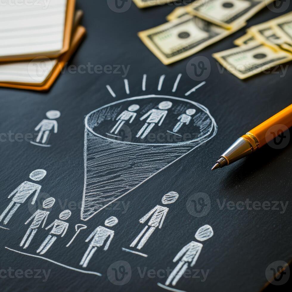A graphic of a marketing sales funnel shows figurines as potential customers and money icons for conversions, illustrating the sales process from initial engagement to final purchase photo