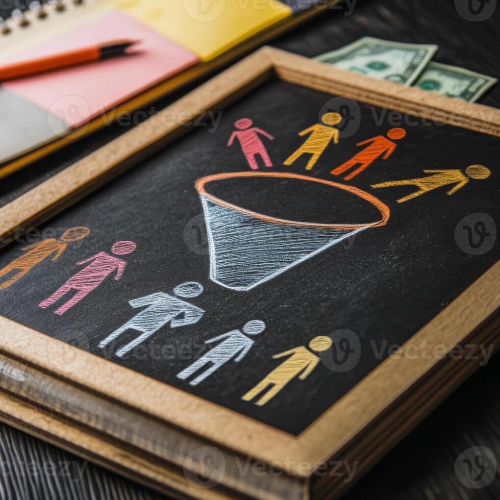 This image shows a marketing sales funnel, depicting potential customers as figurines moving through a funnel, ultimately leading to conversions, with money symbols highlighting the financial aspects photo