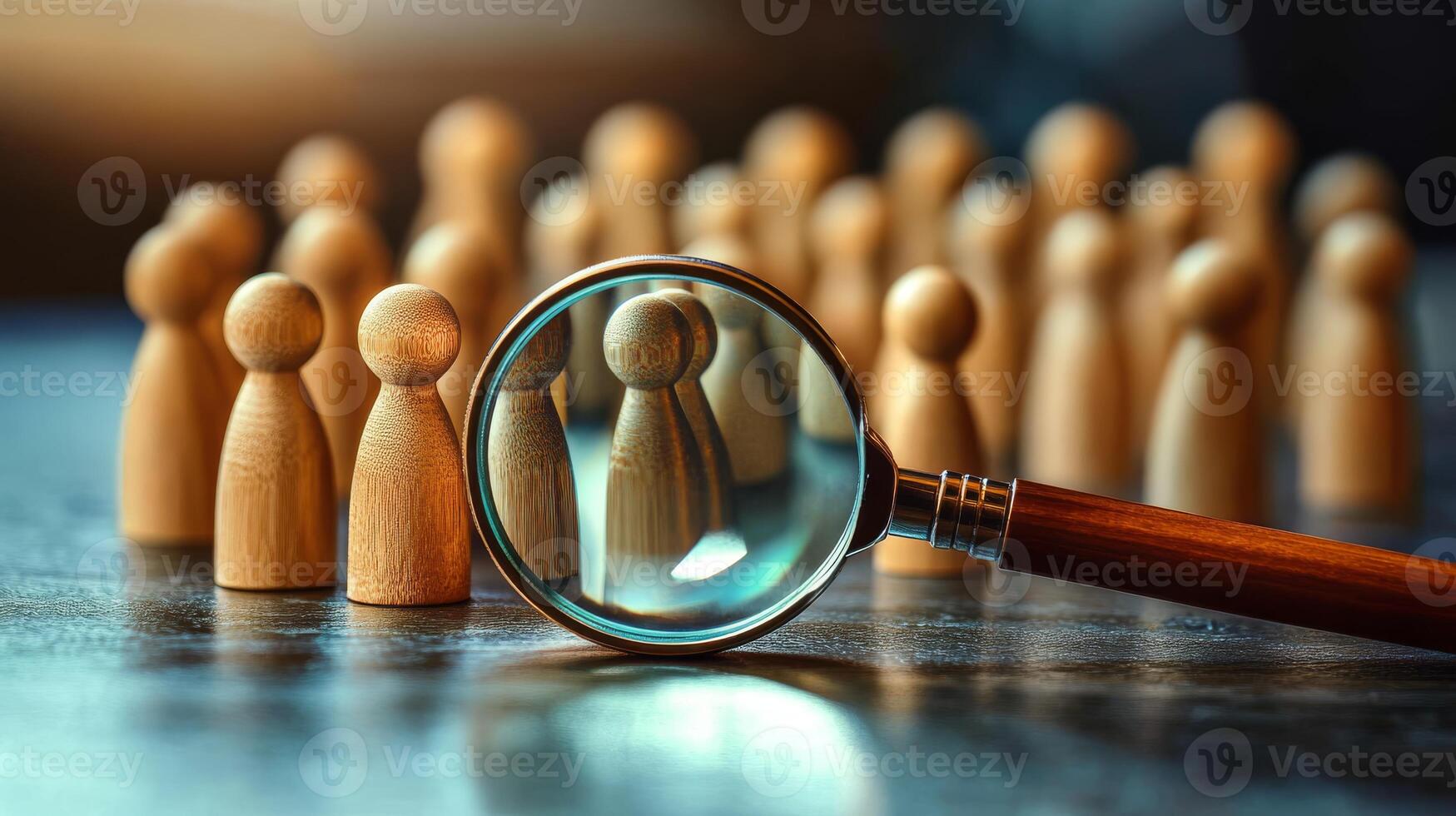 Using a magnifying glass, the image brings into focus a row of intricately crafted small wooden figures, symbolizing the meticulous search for an individual within a larger group or population photo