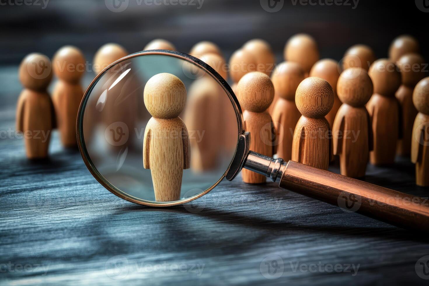 A magnifying glass enlarges a small figure, symbolizing the detailed analysis needed to identify a unique individual in a crowd, allowing focus on the traits that distinguish them from others photo