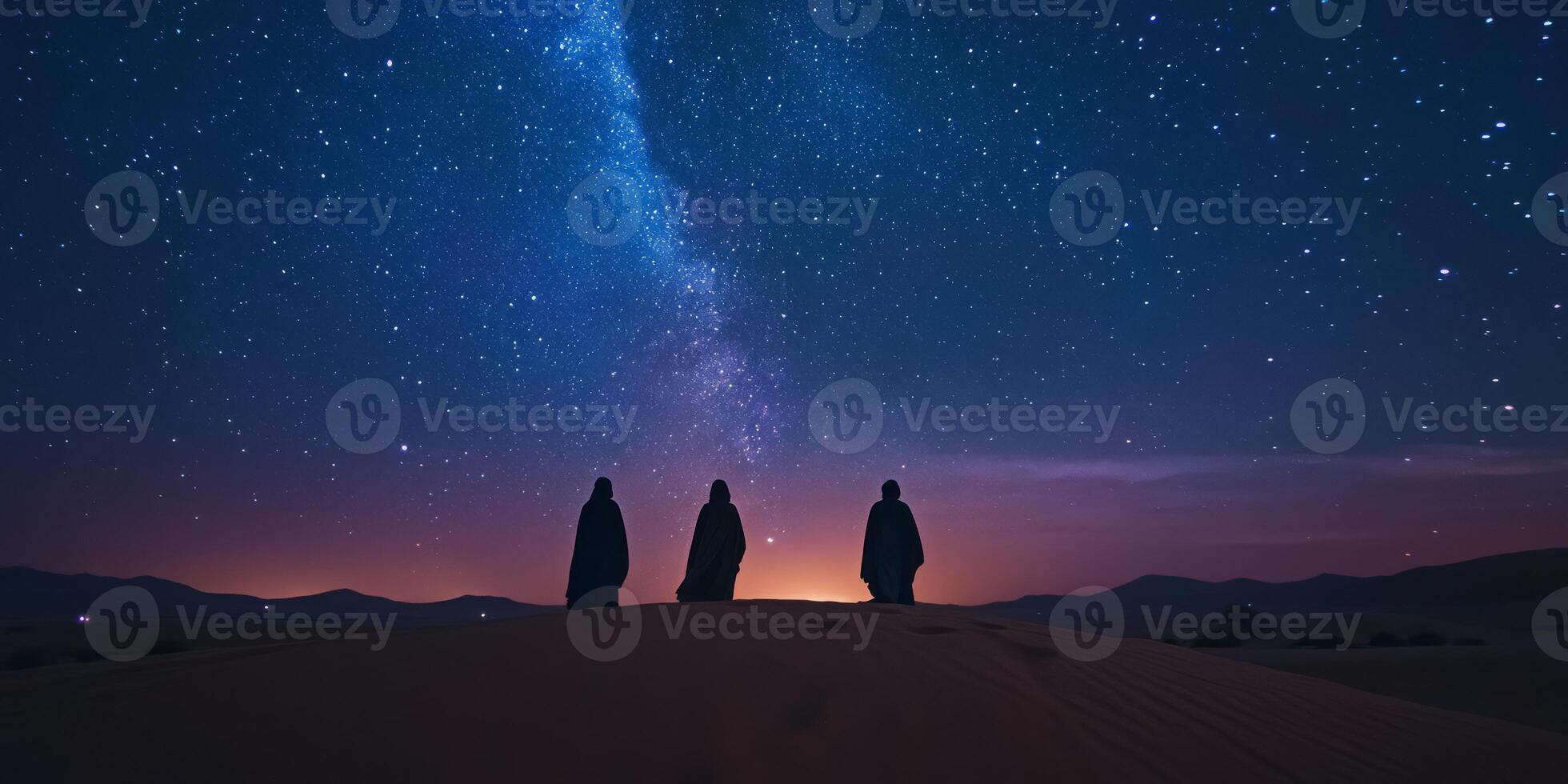 Three weary travelers cross a vast desert under a stunning starlit sky, with the Milky Way embodying the spirit of exploration and adventure for those brave enough to seek the unknown photo