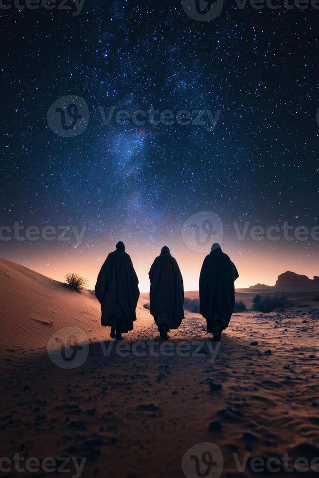 Three wise magi journey across a shimmering and vast desert landscape, all under a breathtaking and mesmerizing starry sky, evoking a deep sense of mystery and wonder for all who behold it photo