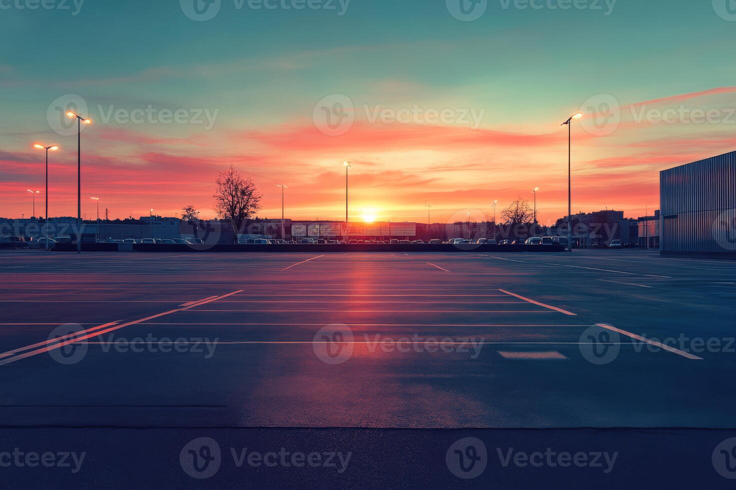 A serene scene shows a vibrant sunset casting a warm glow over an empty supermarket parking lot, with colorful hues in the sky and soft reflections adding charm and tranquility to the landscape photo