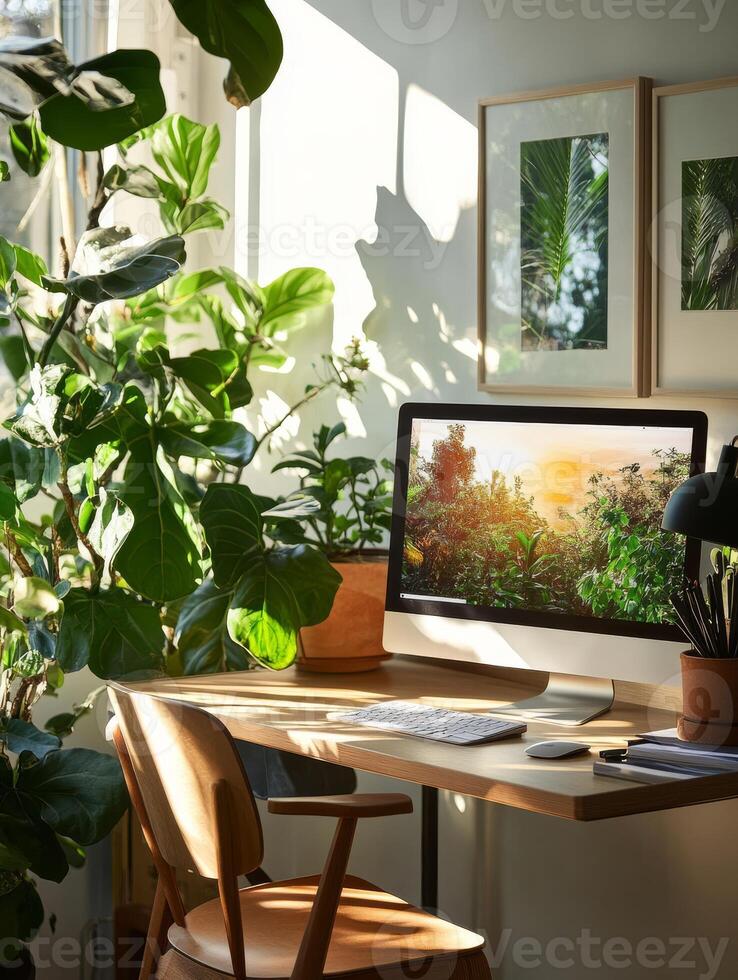 This exquisite home office setup showcases an elegant desk, a sleek computer, and an abundance of vibrant greenery, all beautifully illuminated by warm sunlight streaming through the windows photo