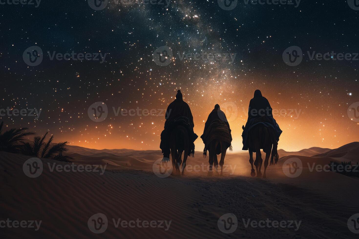 Three travelers embark on a journey through a mystical desert, guided by bright stars and a warm glow on the horizon, evoking a profound sense of wonder and adventure that captivates them photo