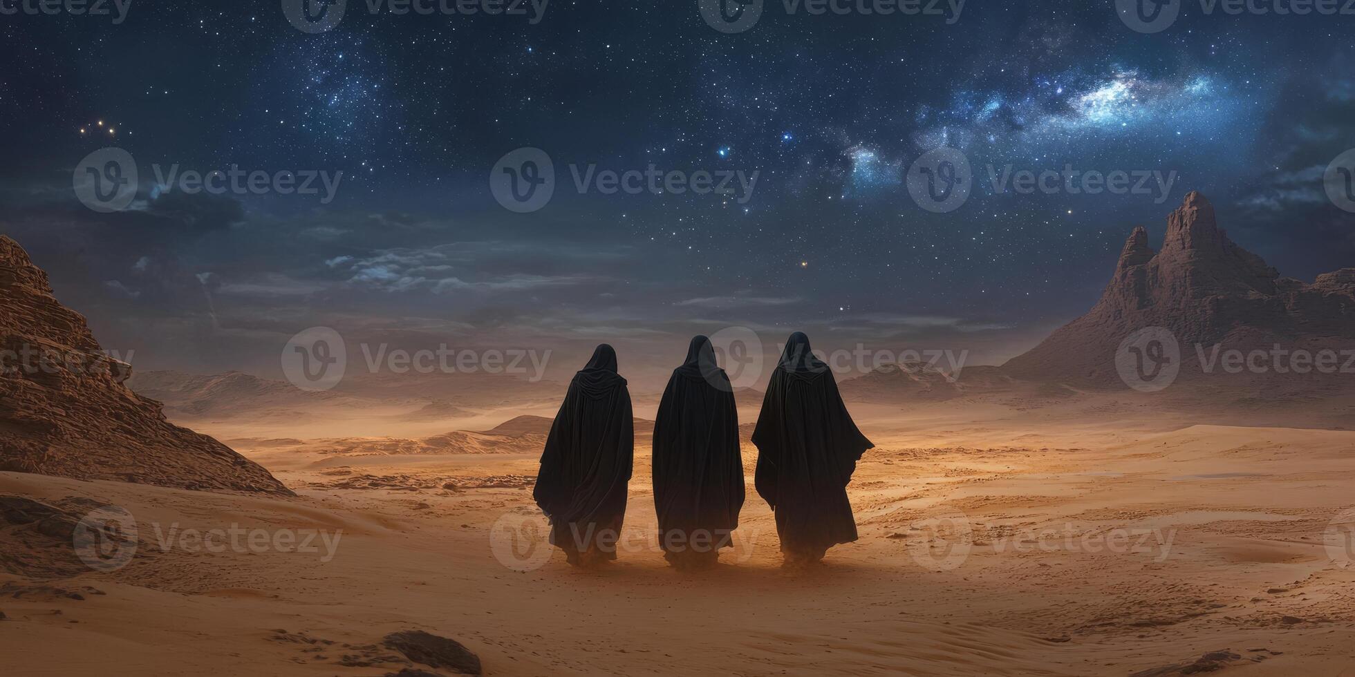 Three cloaked figures navigate the vast, endless expanse of a desert, all under a breathtaking starlit sky, creating an atmosphere that evokes a powerful sense of both adventure and profound mystery photo