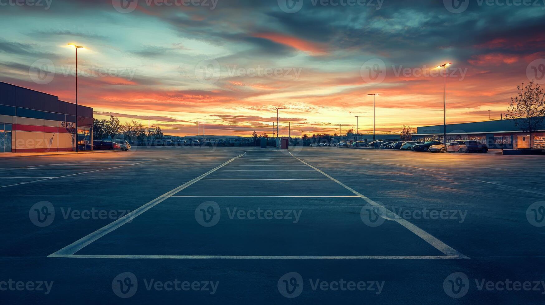 The scene captures a tranquil and serene view of an empty parking lot located beside a large supermarket, beautifully illuminated by soft colors from the sunset and the warm glow of street lights photo