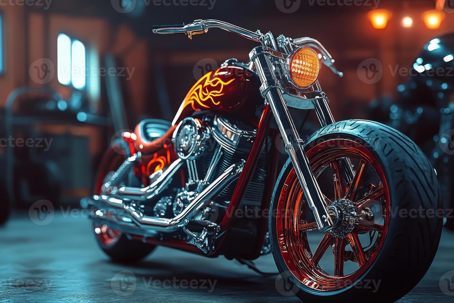 Behold a stunning red custom chopper with a flashy flame paint job showcased in a beautifully organized garage. This motorcycle blends art and engineering, a true marvel for biking enthusiasts photo