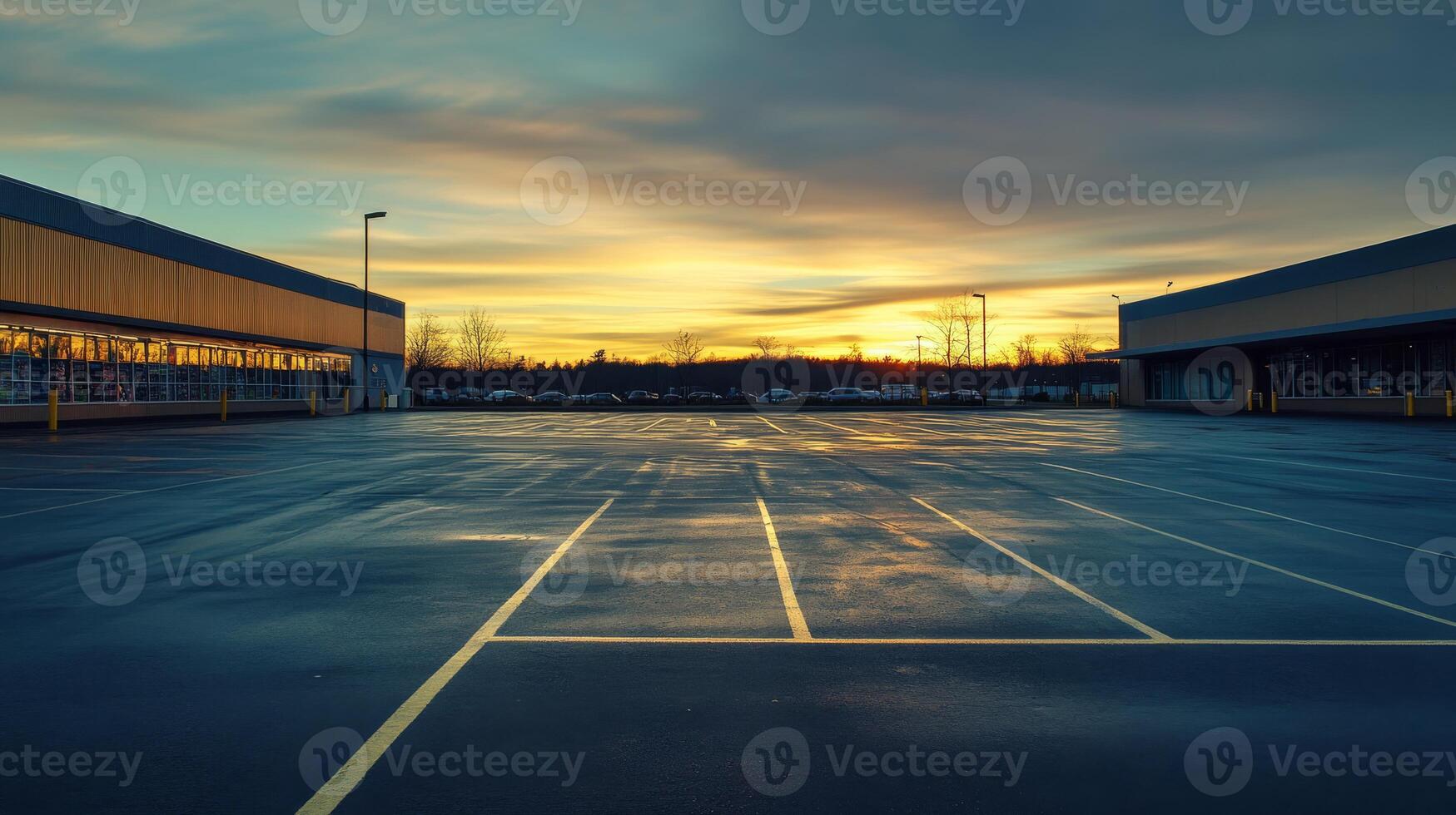 As evening falls, a quiet parking lot by a busy supermarket offers a stunning sunset view, with warm colors reflecting on the wet pavement, creating a picturesque and soothing scene photo
