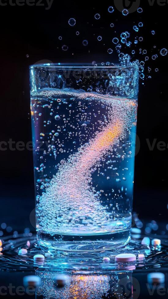 When effervescent tablets are dropped into clear water, they begin to fizz energetically, releasing an array of vibrant bubbles that create a captivating and dynamic swirling pattern in the glass photo