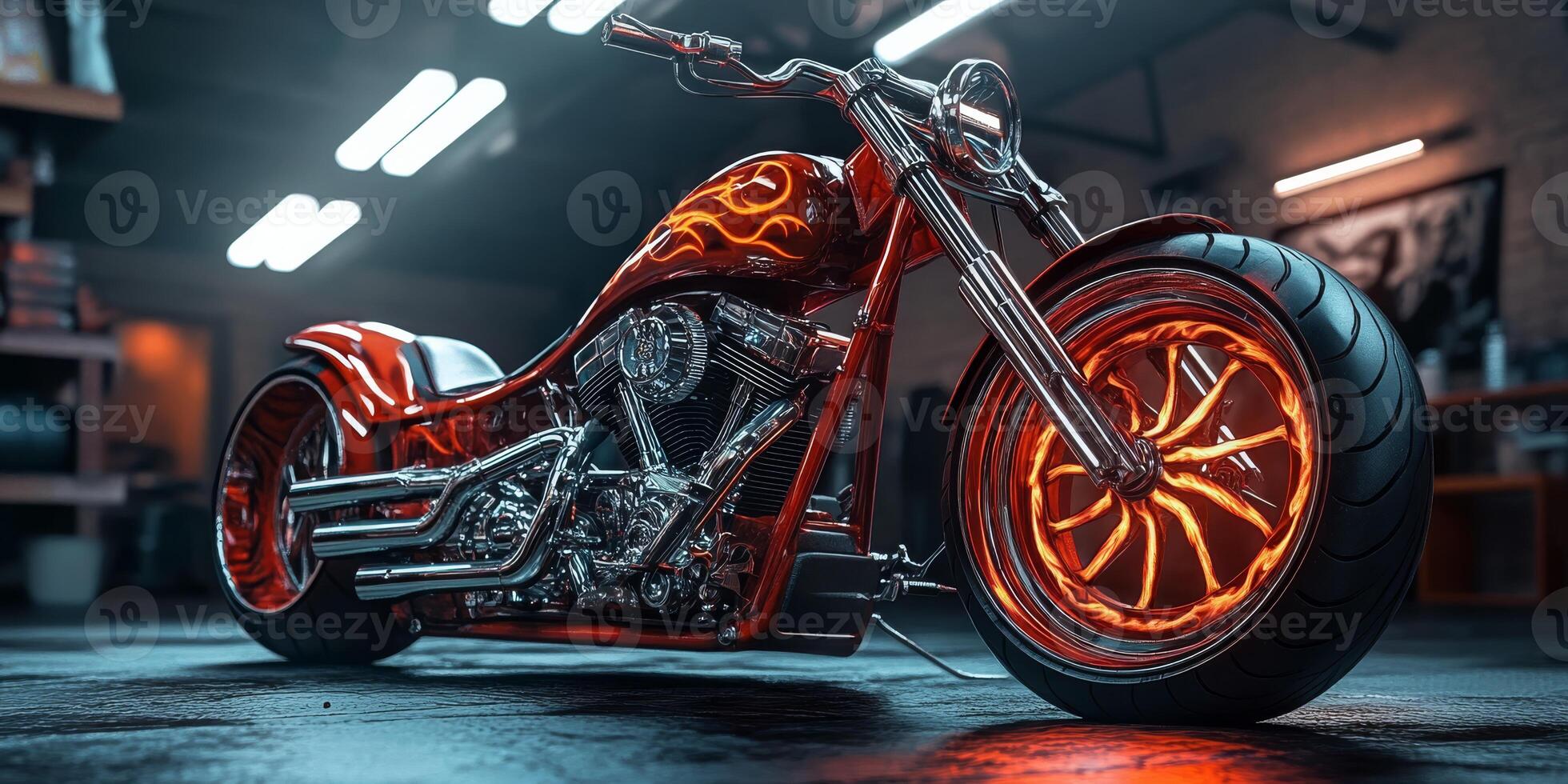A striking red chopper motorcycle with a fiery flame paint job is elegantly displayed in a modern garage, highlighting its intricate designs and powerful character that makes it truly unique photo