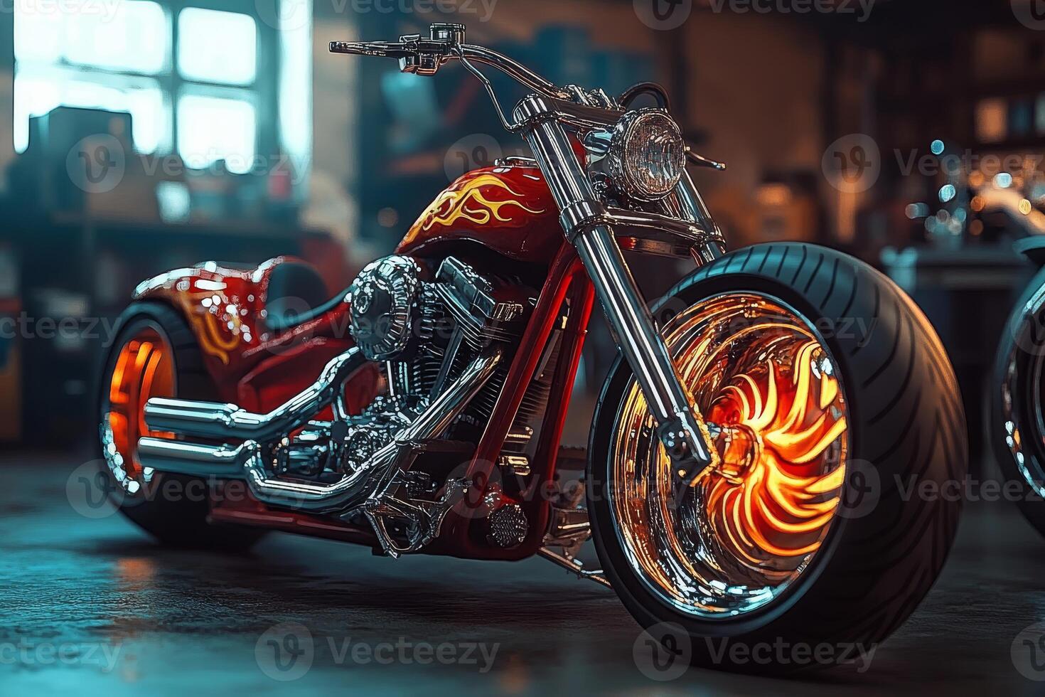 In a garage setting, a stunningly sleek red custom chopper motorcycle with an eyecatching flame paint job is prominently displayed, showcasing the intricate craftsmanship and unique design details photo