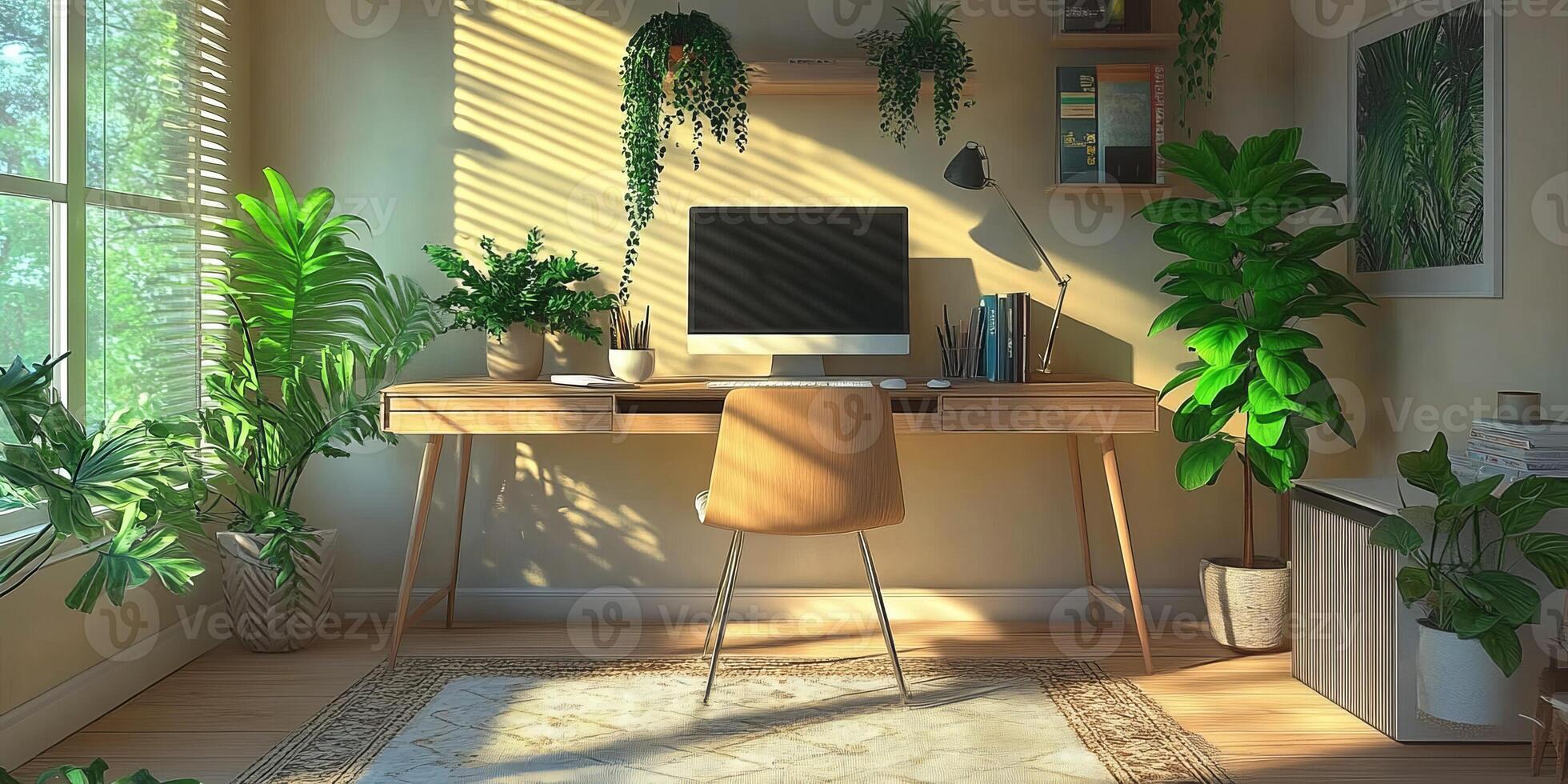 A bright and airy home office that features a modern desk, a computer, and vibrant plants all around, creating an inviting, inspiring, and comfortable workspace for productivity and creativity photo