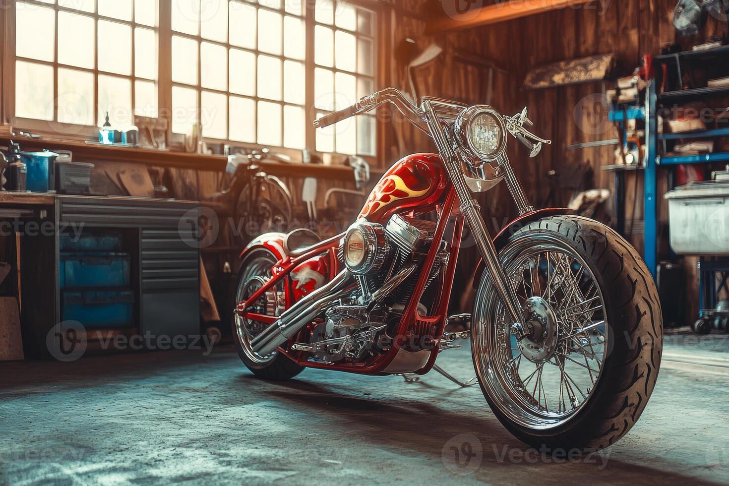 A vivid red custom chopper with a flame paint job is showcased in a spacious garage, embodying the authentic spirit of motorcycle culture and the community it fosters among bikers photo