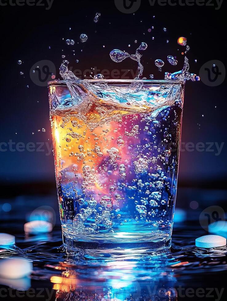 Effervescent tablets, when placed in water, dissolve and create colorful bubbles that swirl around, captivating onlookers with their dynamic motion and the fascinating effects they produce photo