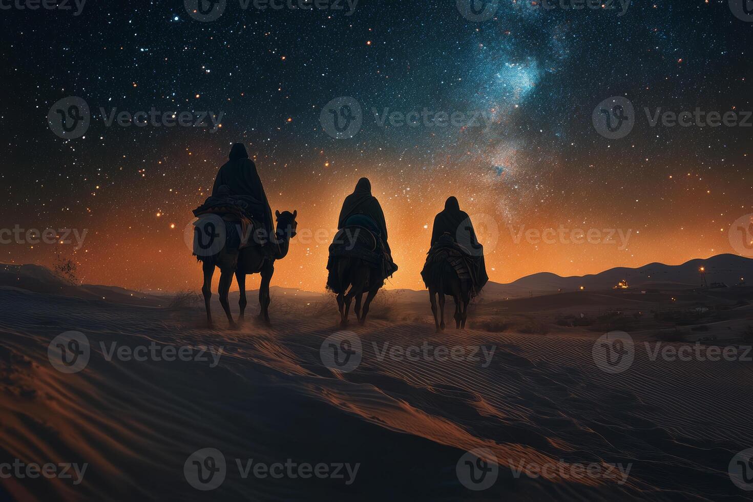 Three silhouetted figures riding on camels traverse a vast, golden desert under a mesmerizing starry sky at night, embodying the essence of adventure, mystery, and stunning natural beauty photo