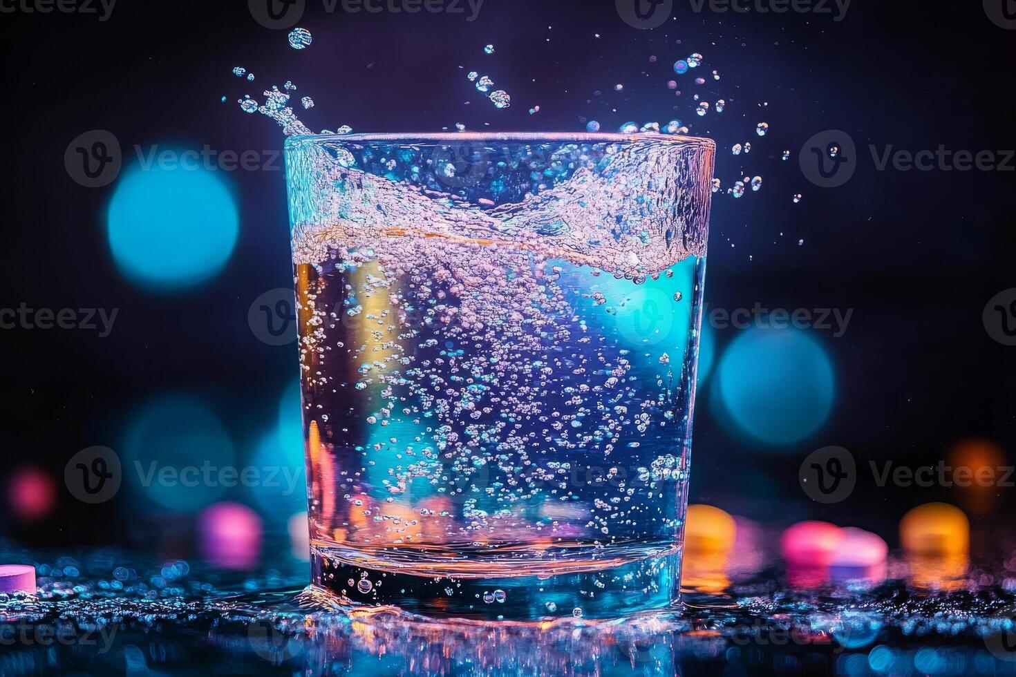 Effervescent tablets beautifully dissolve in clear water, releasing a stream of vibrant bubbles that create a captivating and dynamic swirling pattern that draws the eye and delights the senses photo