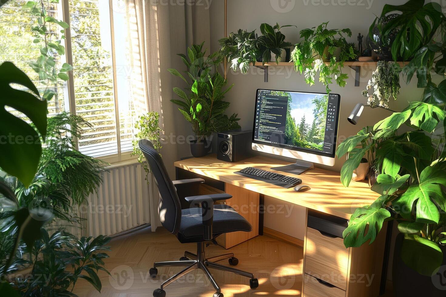 A beautifully designed home office that showcases a stylish desk, a highquality computer, and lush, vibrant plants all bathed in warm sunlight, creating an uplifting and inspiring workspace photo