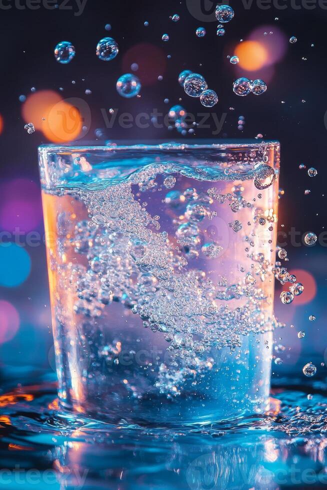 Effervescent tablets dissolve in water, releasing vibrant bubbles that create mesmerizing swirling patterns, offering a captivating visual experience thats both entertaining and inspiring photo