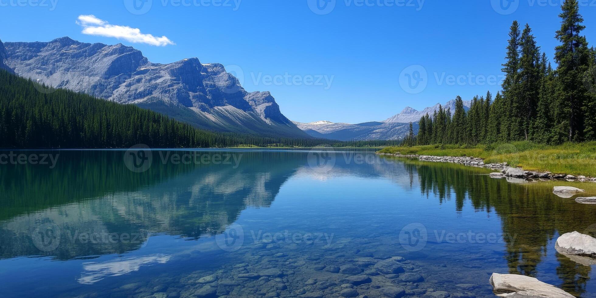 Picture a tranquil mountain lake surrounded by lush trees and majestic peaks, reflecting the clear blue sky, creating a peaceful nature scene that invites relaxation and exploration photo