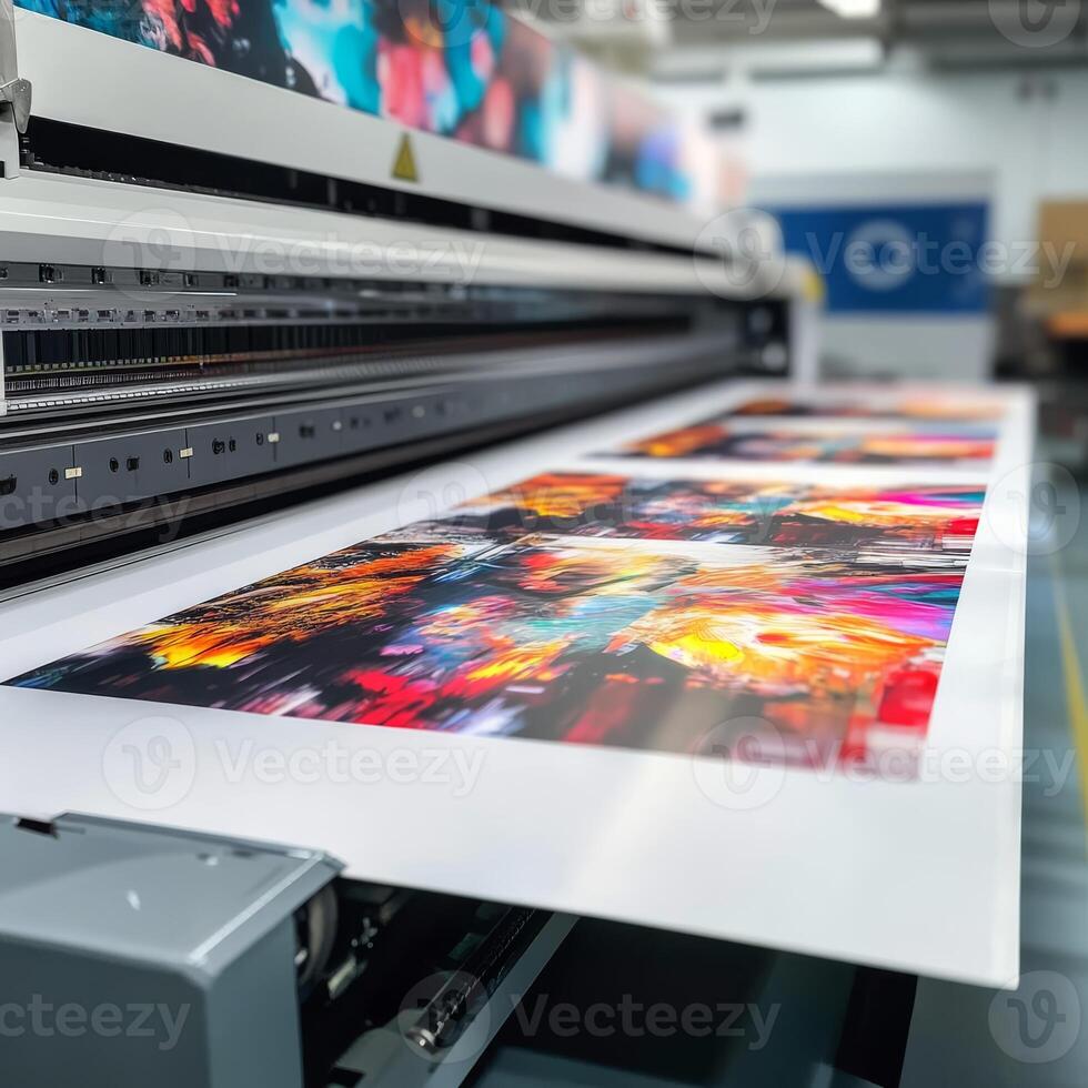 A large format printing machine produces vibrant, highquality prints on sheets, showcasing advanced commercial printing technology photo