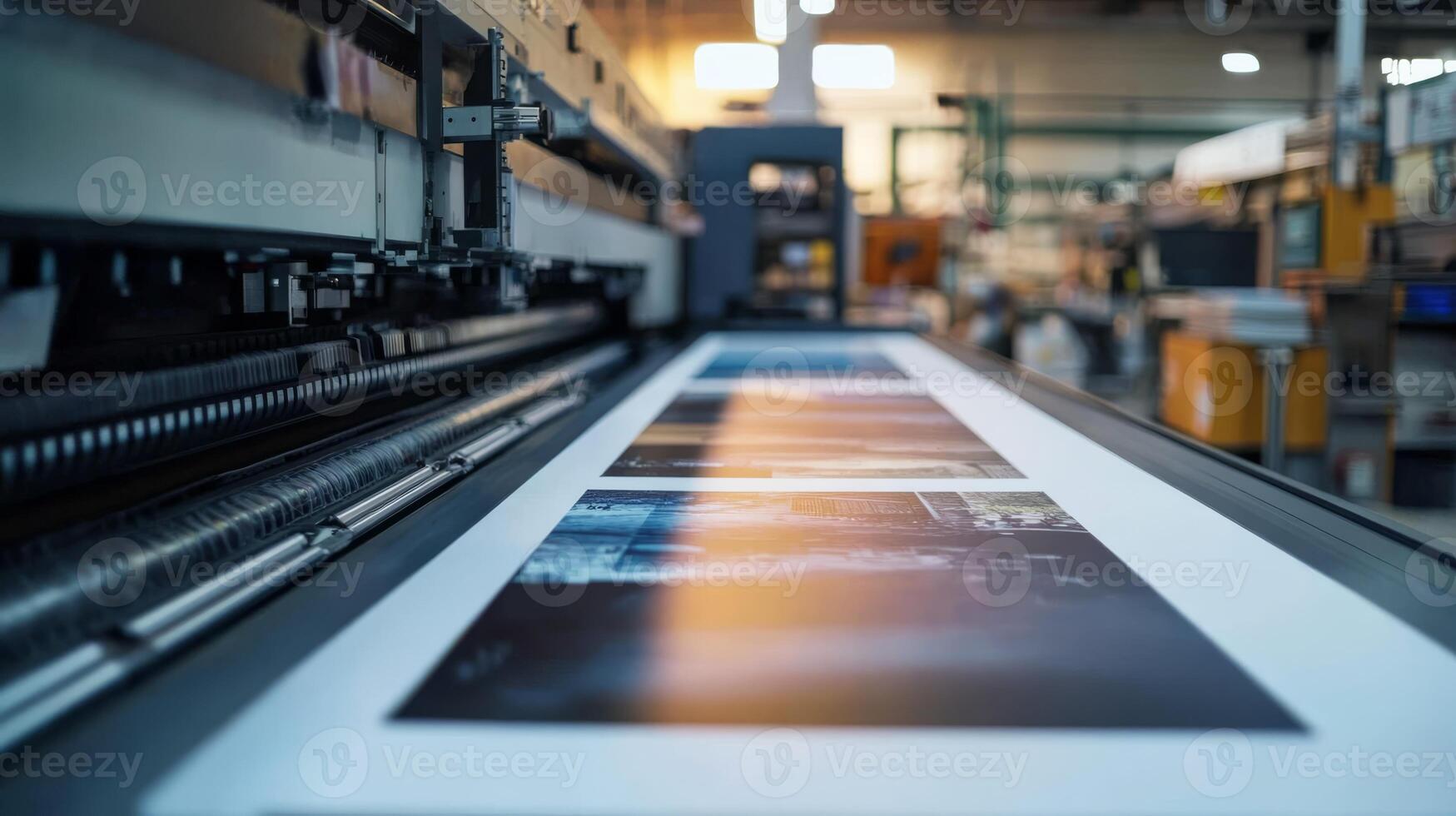 In a busy printing shop, a stateoftheart large format printer tirelessly produces vibrant, highquality prints, utilizing advanced technology to boost operational efficiency and productivity photo