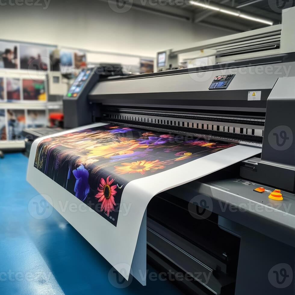 A large format printing machine producing vibrant, highquality prints in a commercial printing shop using modern technology photo