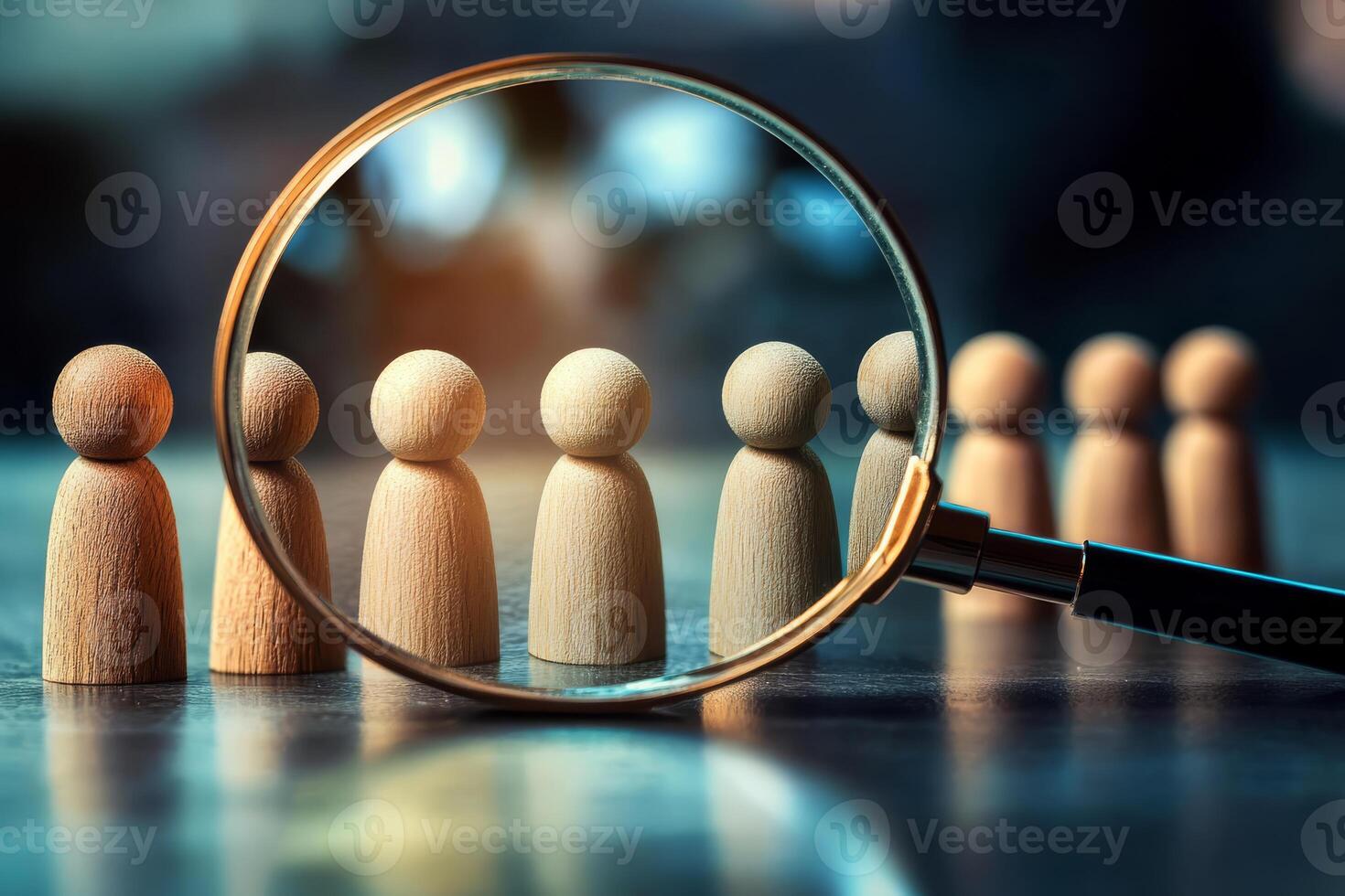 A magnifying glass highlights intricately crafted wooden figures, symbolizing the need for detailed scrutiny in the quest for individuality within a larger group of similar entities photo