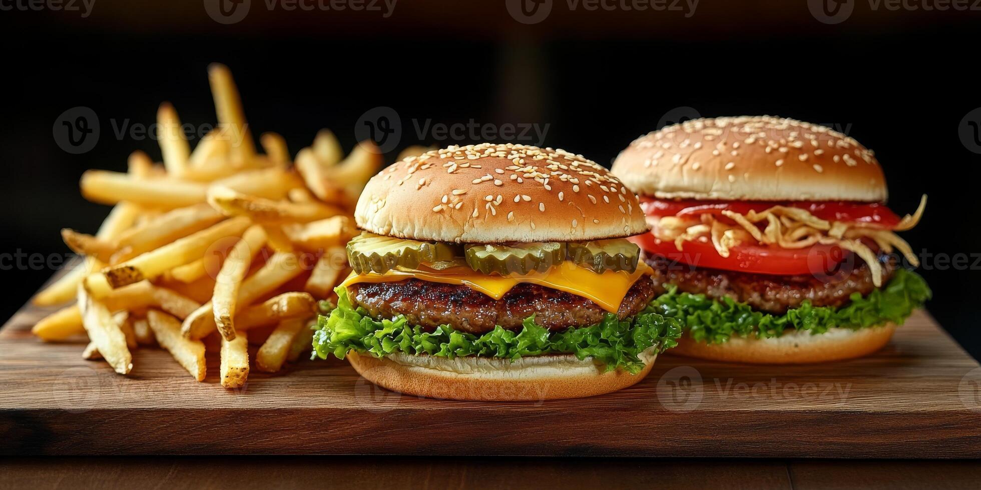Enjoy the classic American experience of hot, fresh burgers with crispy French fries the ultimate fast food combo. A musttry for food lovers and perfect for menus or delivery apps photo