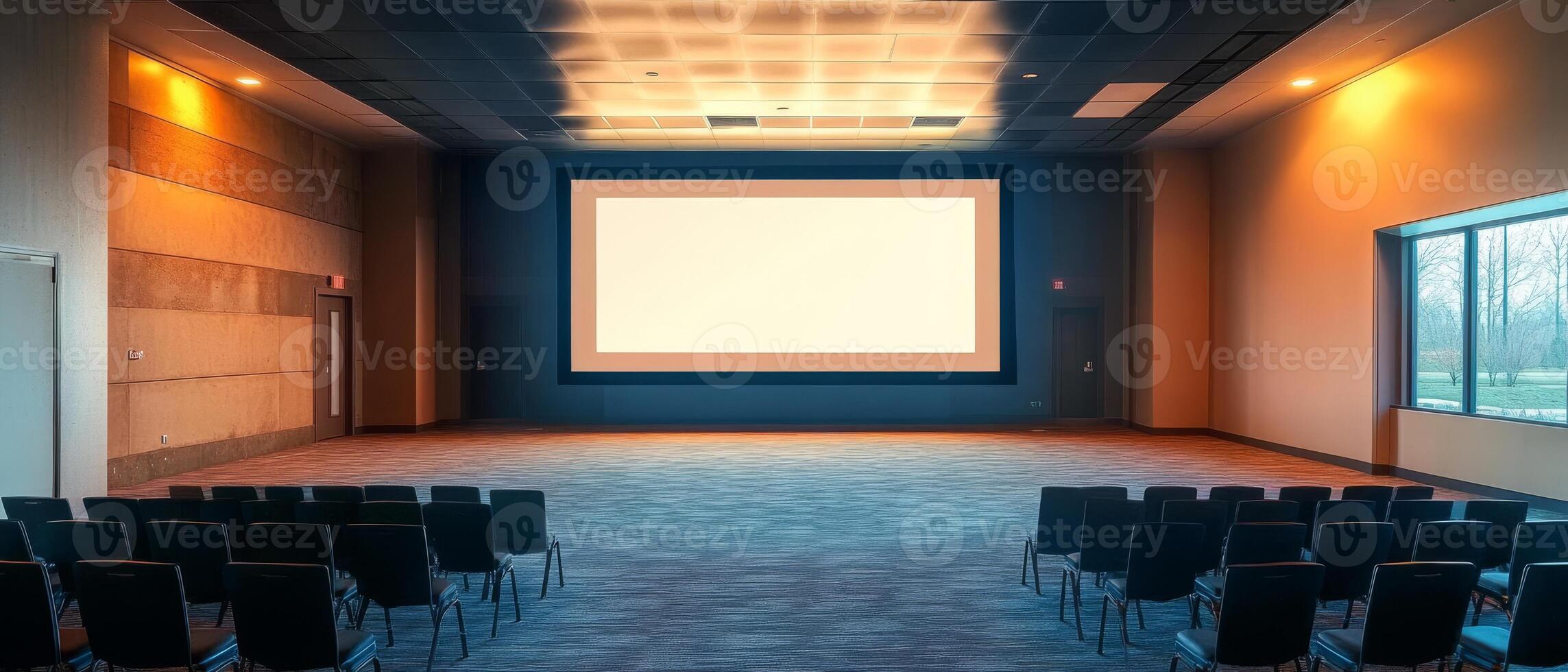 This spacious conference room has a large screen and comfortable seating, ideal for business presentations, group sessions, brainstorming, and creative projects in a conducive environment photo
