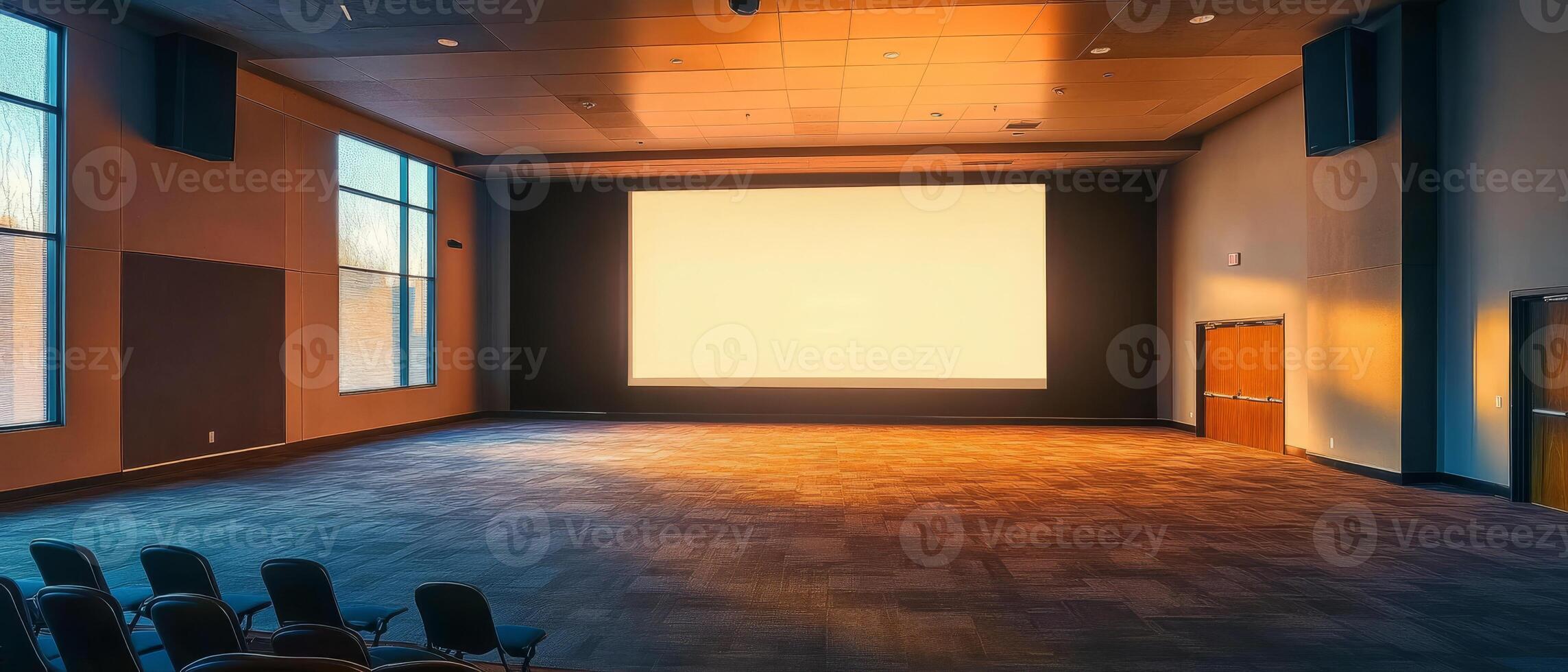 A modern and sleek conference room equipped with a large projection screen, making it the perfect venue for impactful presentations and fostering an environment of collaborative creativity photo