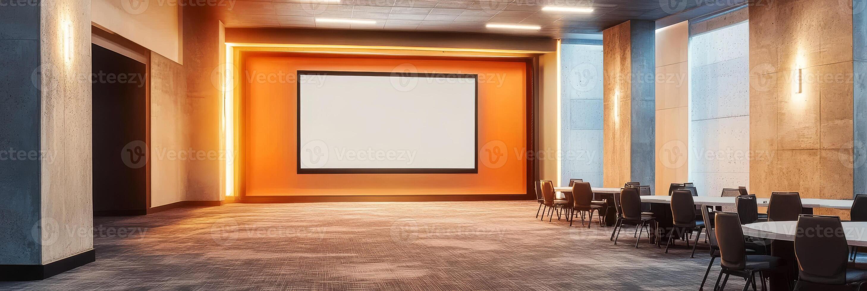 This modern conference room features a large projection screen and flexible layouts, designed to enhance presentations, engagement, collaboration, and productivity among participants photo